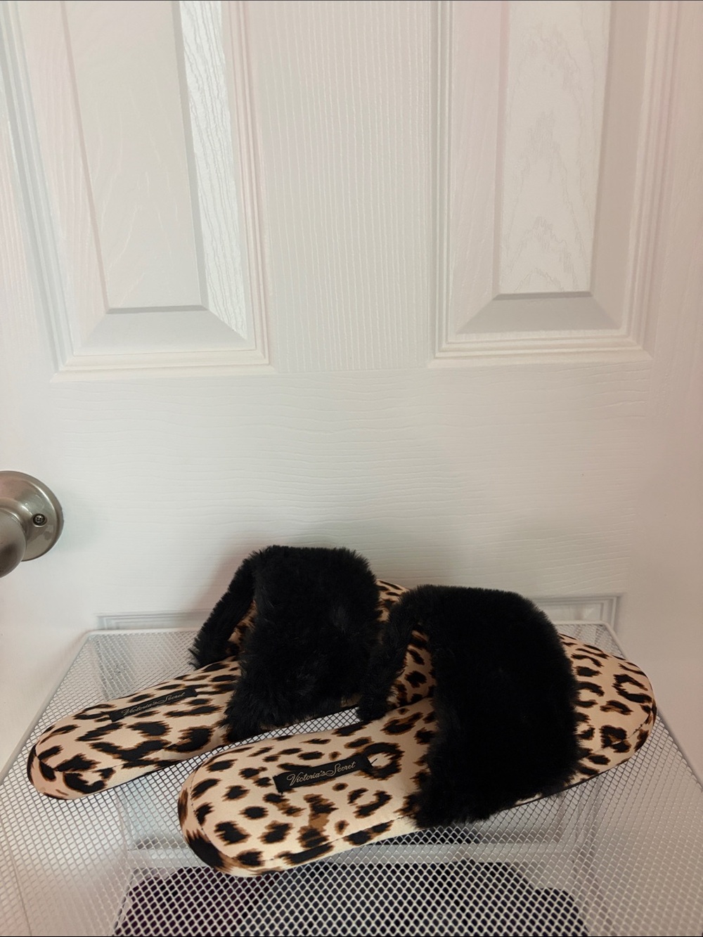 Victoria's Secret Leopard Print Slide with Black Faux Fur Strap